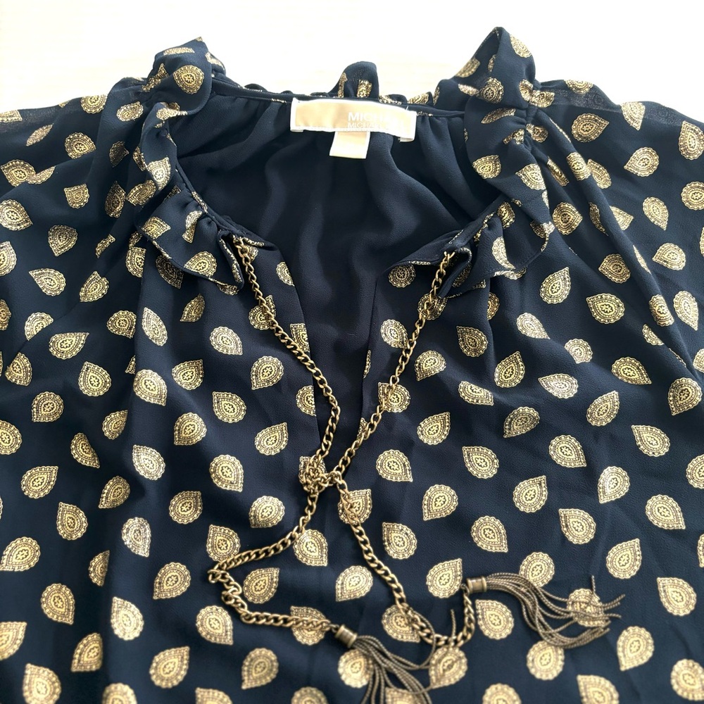 Michael Kors Bergalia Raglan Blouse Foiled Print Chain Tassels‎ Size M NEW - Picture 2 of 14